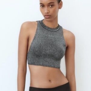 SALE NWT Zara Metallic Backless Cropped Tank Top Black Silver Sparkle Stretch L